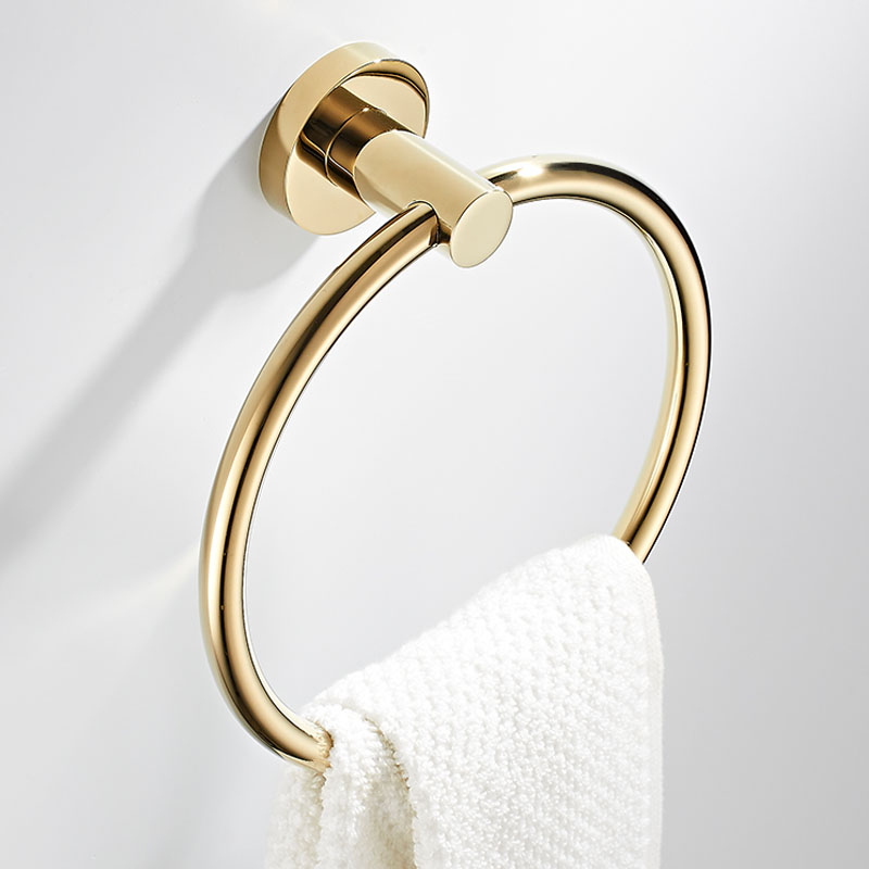 卫生间挂毛巾圆环金色全铜毛巾架免打孔浴室壁挂晾擦手毛巾环轻奢