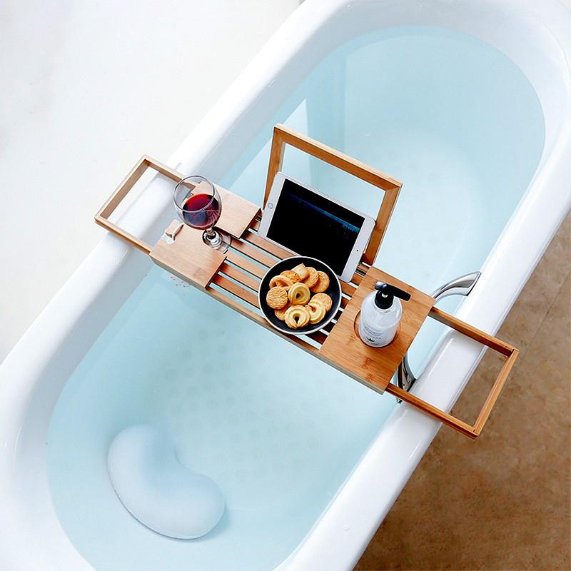 源头工厂小号竹木可伸缩浴缸架 iPad手机浴室泡澡浴缸置物托盘