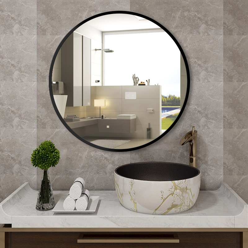 铝合金卫生间浴室镜圆镜带置物架镜子洗脸池镜子免打孔厕所卫浴镜