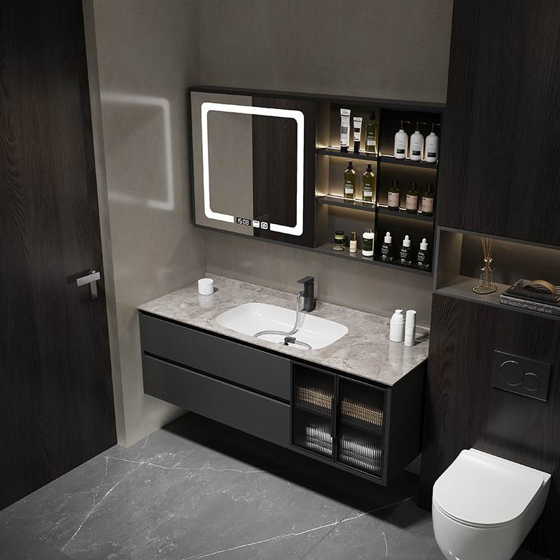 浴室柜组合现代简约岩板无缝拼接盆卫生间实木洗漱台洗手洗脸套装
