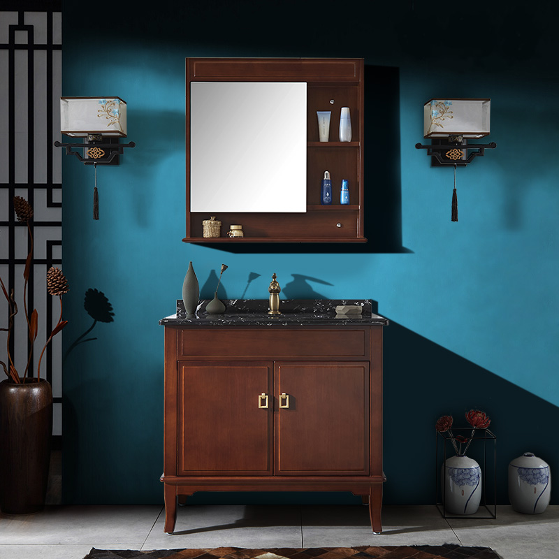 现代新中式实木浴室柜洗手池洗脸盆柜洁具定制组合卫浴柜镜柜组合