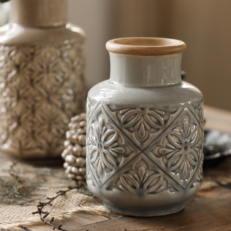 左岸麦田多米诺浮雕花纹复古花瓶摆件家居饰品美式陶瓷花器高低款