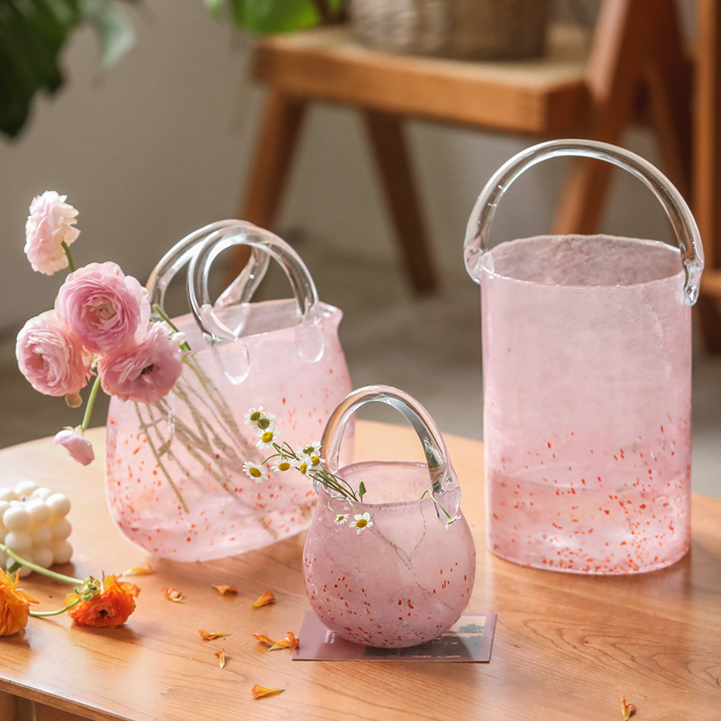 左岸麦田 粉色波点手提玻璃花瓶网红ins客厅创意水培透明包包花瓶