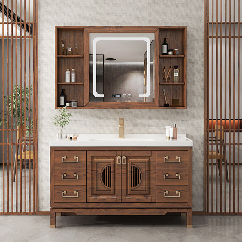 新中式实木一体陶瓷浴室柜智能镜组合卫生间洗手池洗脸盆柜洗漱台