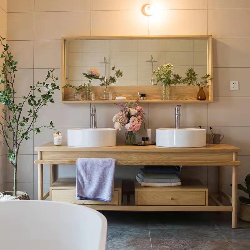 北欧浴室柜镜柜组合卫生间小户型洗脸盆卫浴实木洗手池日式洗漱台