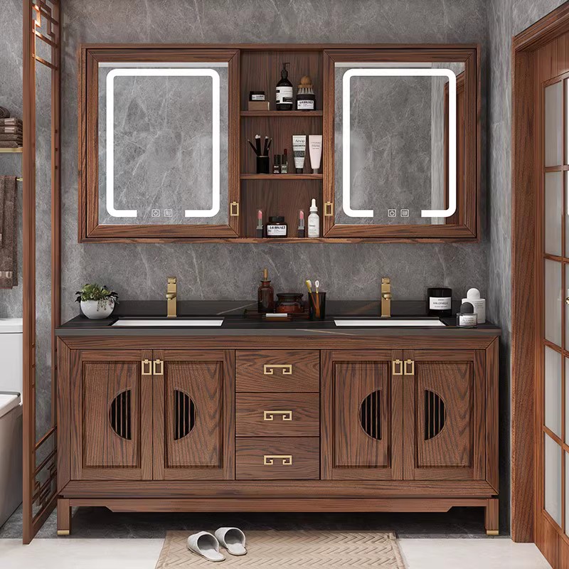 新客减新中式橡木落地式陶瓷一体盆浴室柜组合卫生间双盆洗漱台洗