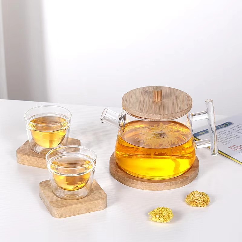 新款竹风茶器高硼硅耐热玻璃茶壶（～450ml）竹艺茶具套组
