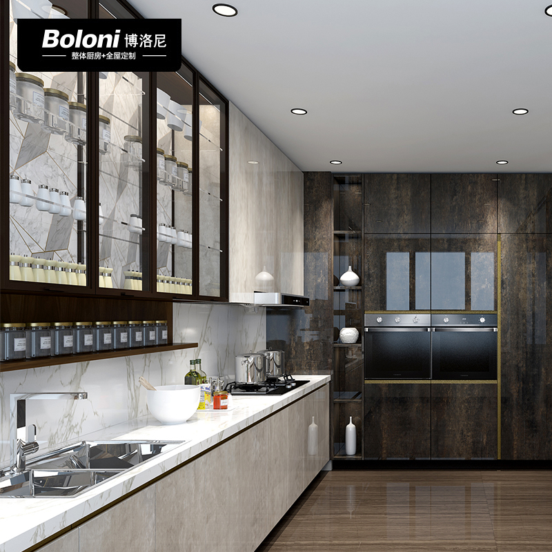 博洛尼现代简约厨房开放整体橱柜石英石台面铝框玻璃柜门定制订金