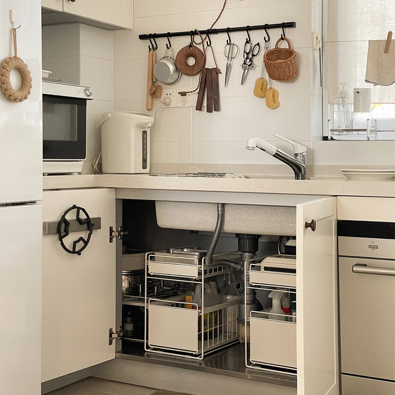 白色铁艺厨房台面下水槽橱柜抽拉式置物架办公桌面整理筐收纳架子
