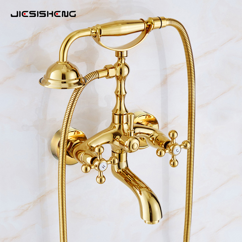 欧式金色全铜浴缸冷热水龙头卫生间淋浴洗澡间混水阀简易花洒套装