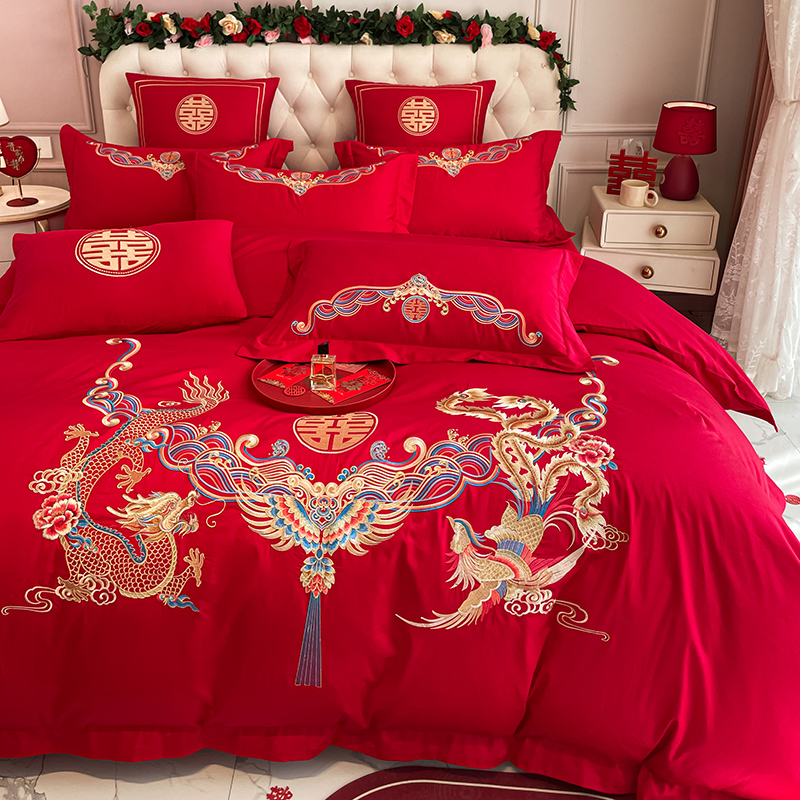 中式龙凤140支纯棉婚庆四件套大红新婚喜被结婚床上用品床单被套