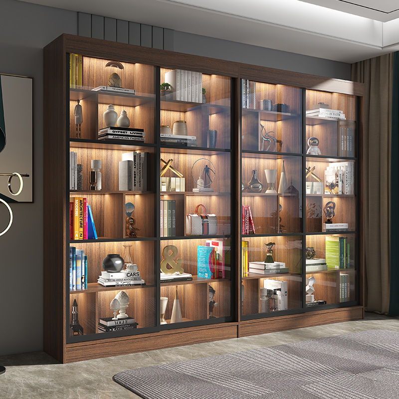推拉门书柜书架一体靠墙到顶玻璃门中式实木书柜大书橱带灯可定制