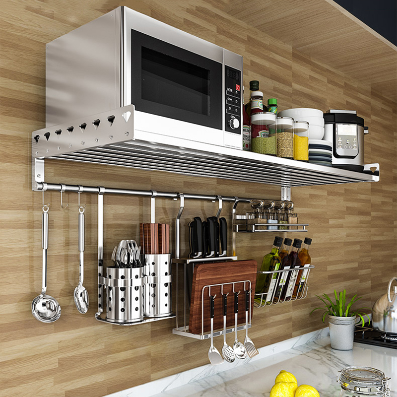 304不锈钢厨房置物架烤箱微波炉带杆挂架壁挂式调料品碗盘收纳架