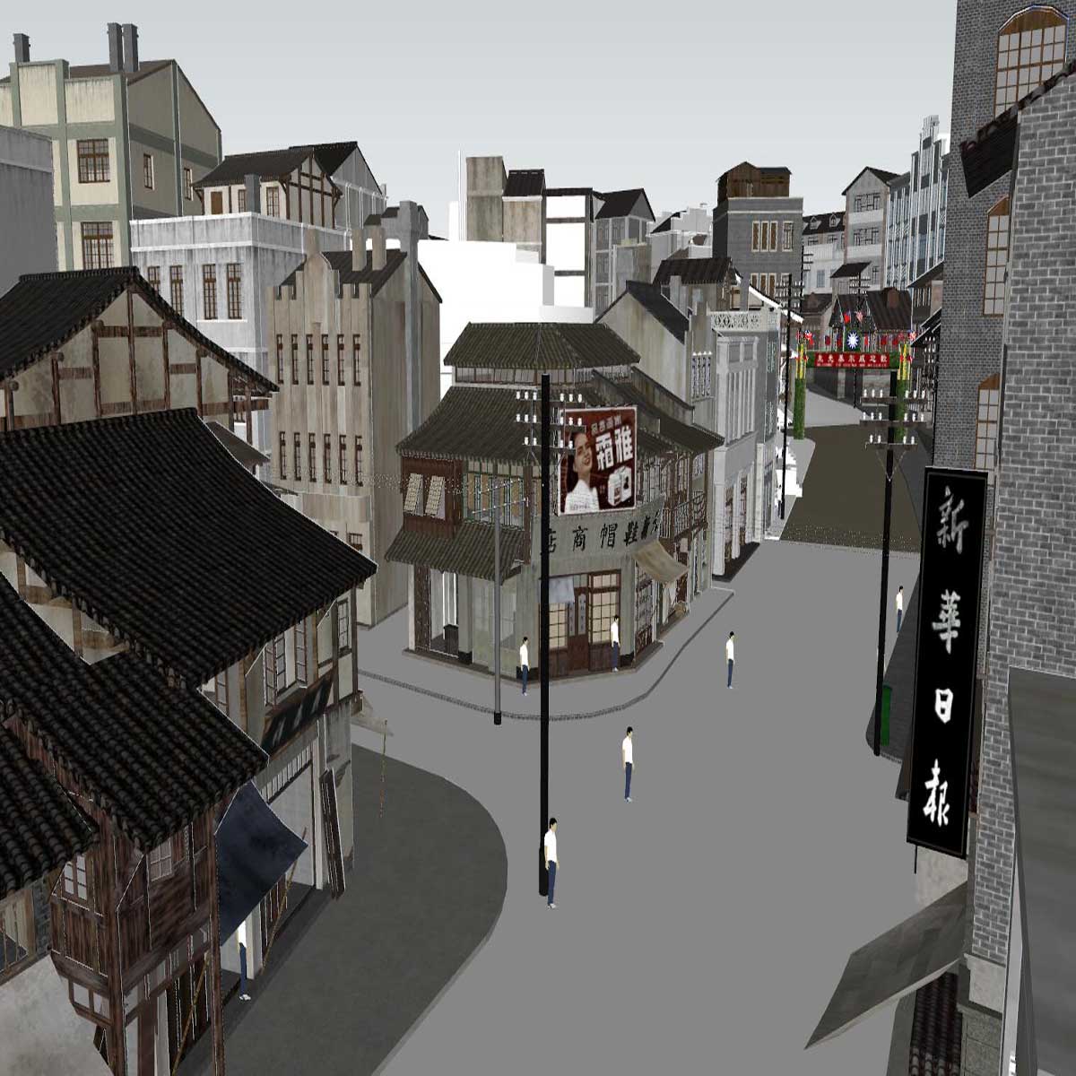 民国风情商业街近代中国古镇电影草图大师su建筑模型sketchup