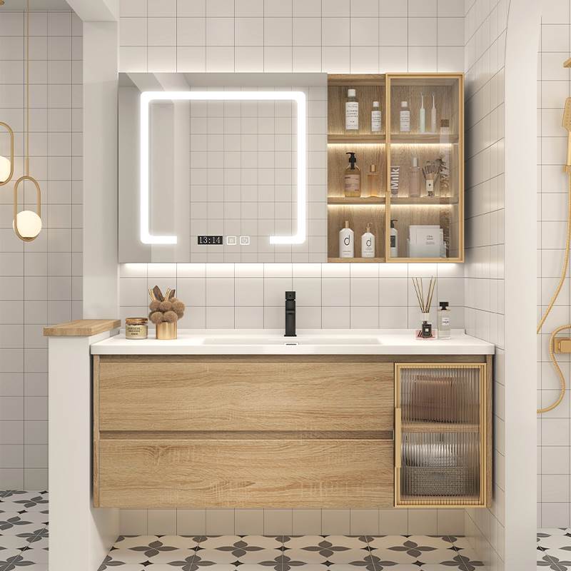现代简约原木色浴室柜组合陶瓷一体盆洗脸盆卫生间洗漱台洗手盆柜