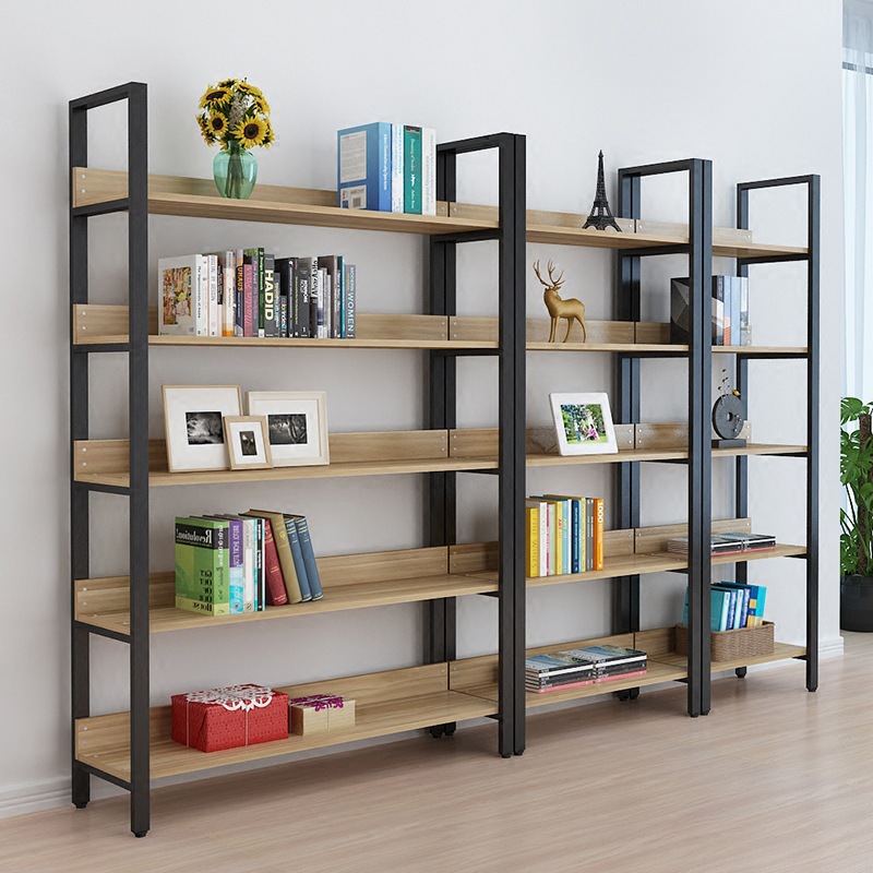 钢木书架简易铁艺货架墙上多层置物架客厅架展示架子落地组合书柜
