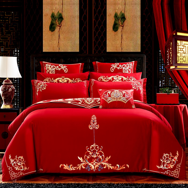 中式婚庆四件套结婚婚礼大红刺绣高档床单被套多件套喜庆床上用品