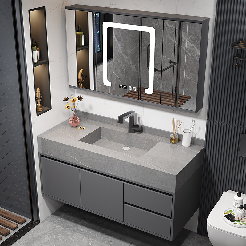 轻奢浴室柜风水镜柜组合简约现代岩板一体洗脸洗手盆卫生间洗漱台