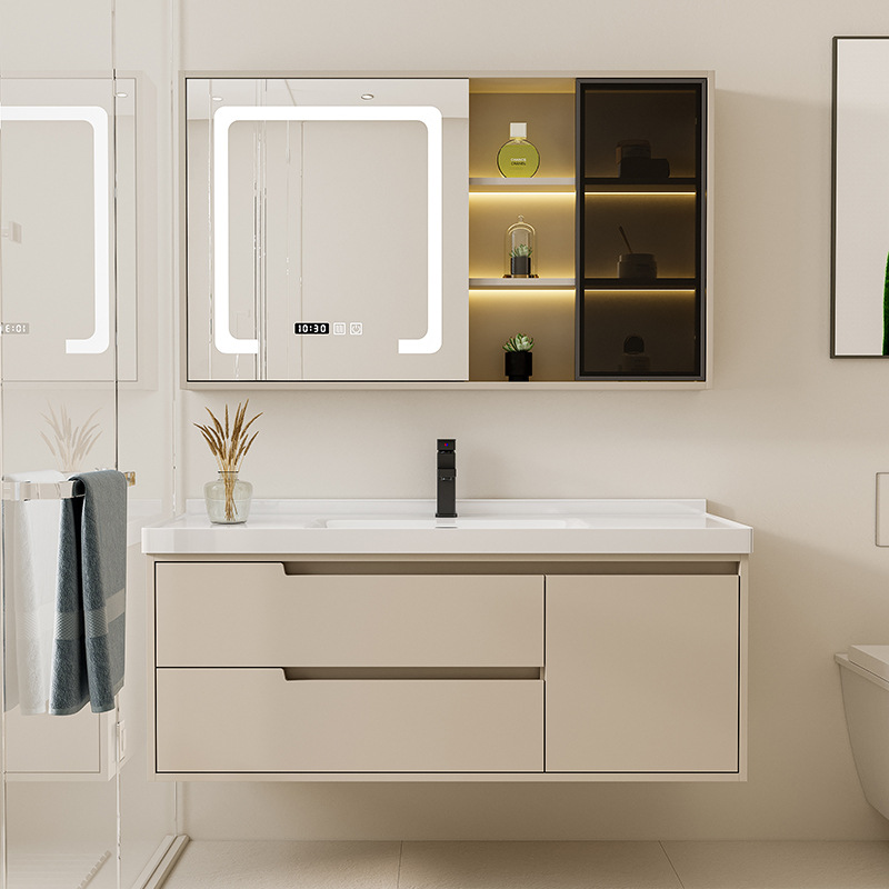 奶油风现代简约浴室柜陶瓷一体盆组合智能卫生间洗手洗脸盆洗漱台
