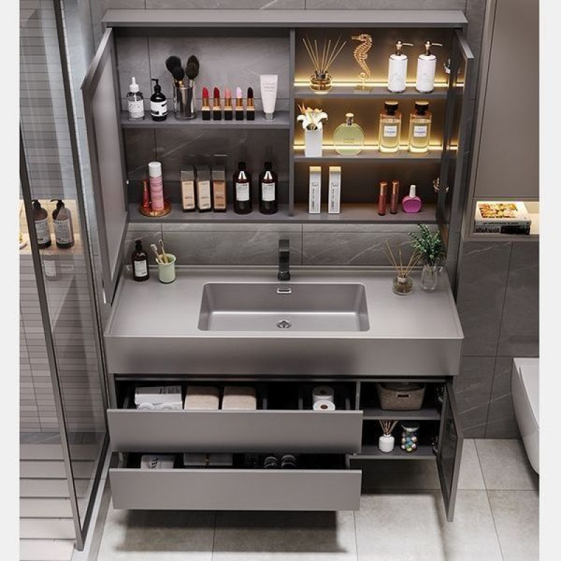 轻奢浴室柜组合岩板一体卫浴柜现代简约卫生间浴室镜柜洗脸洗手盆