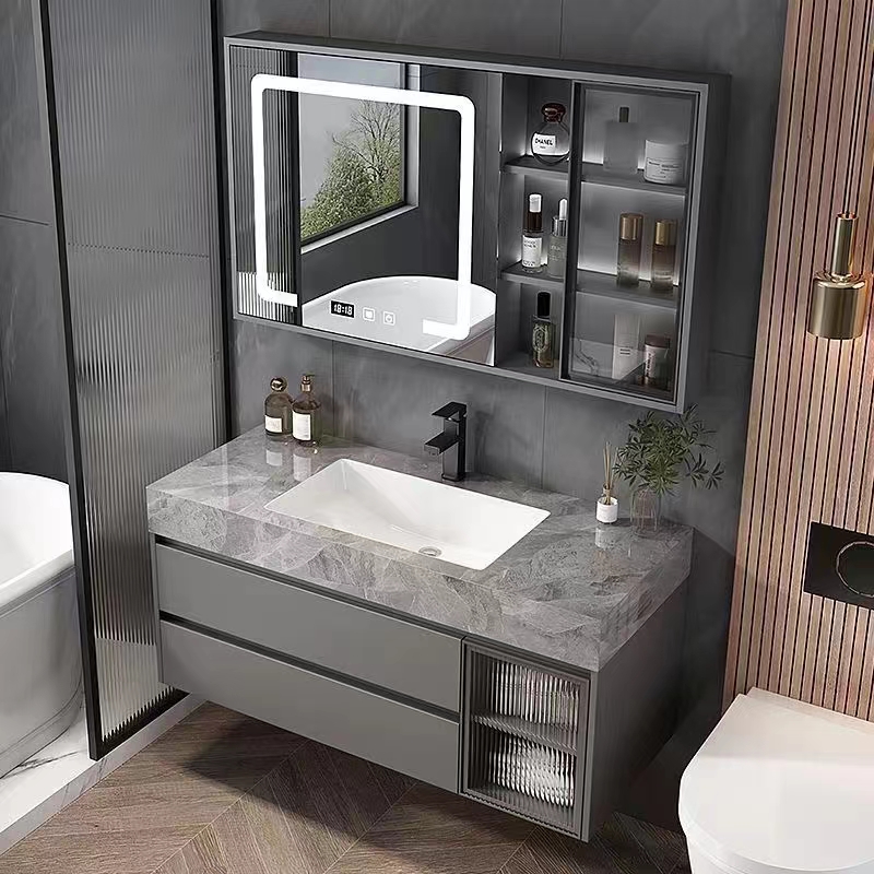 现代简约岩板无缝陶瓷一体盆智能浴室柜组合洗漱台洗手盆洗脸卫浴