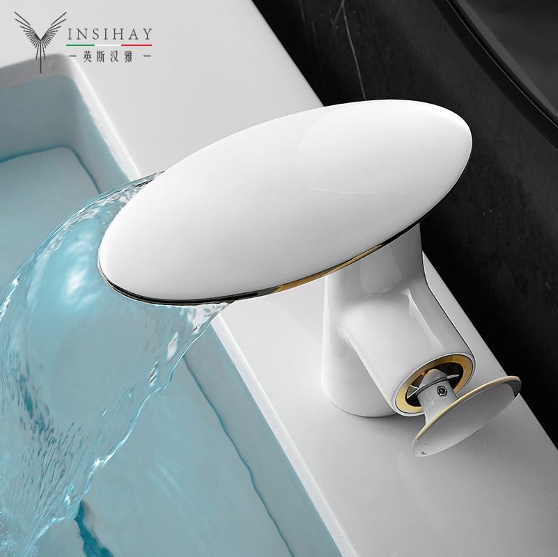 白色极简瀑布式创意全铜浴室艺术冷热单孔水龙头面盆洗脸盆洗手盆