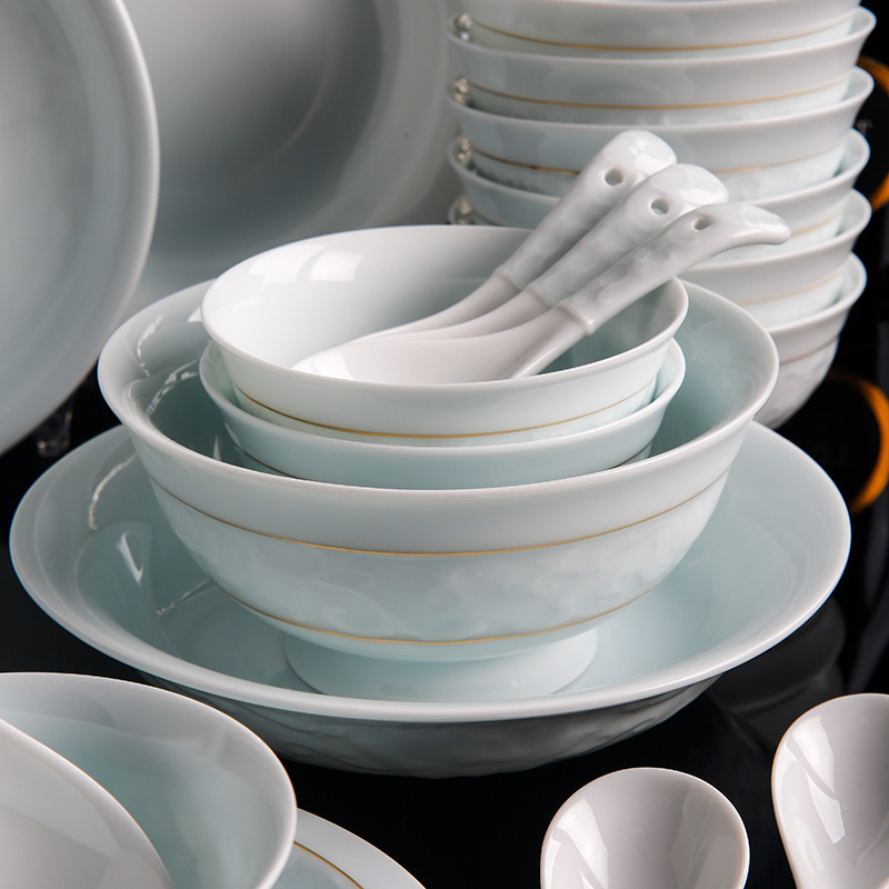 景德镇陶瓷饭碗碟套装家用单件中式高档轻奢金边极简纯色青瓷餐具