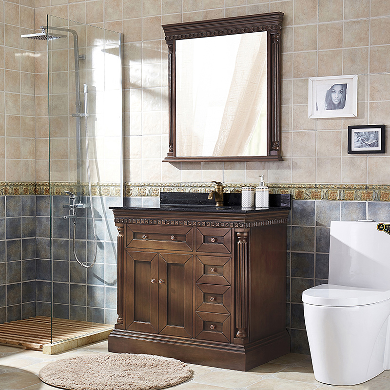 美式浴室柜组合橡木洗手洗脸盆柜实木落地卫生间大理石台盆卫浴柜