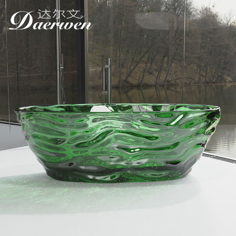 达尔文透明水晶树脂浴缸定制颜色水波纹一体成型独立式人造石浴缸