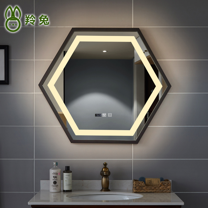 六边形不锈钢边框LED发光灯镜洗手盆镜卫浴智能镜卫生间浴室镜子