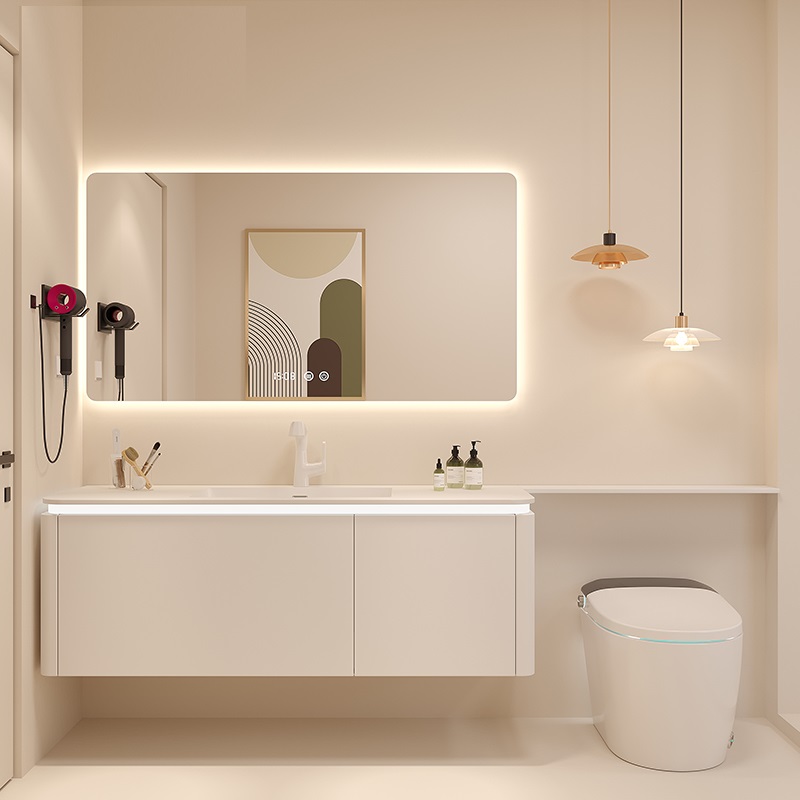 简约现代浴室柜组合岩板陶瓷一体盆无缝智能镜洗手脸盆洗漱台延长