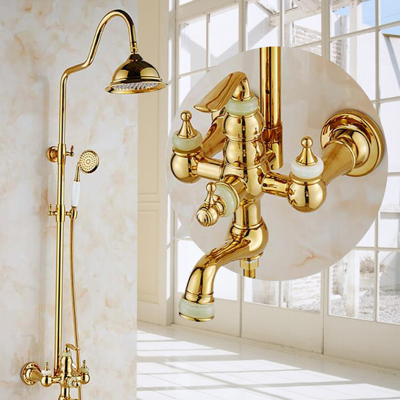欧式玉石家用天然玉石淋浴器冷热花洒套装金色家用全铜龙头挂墙式