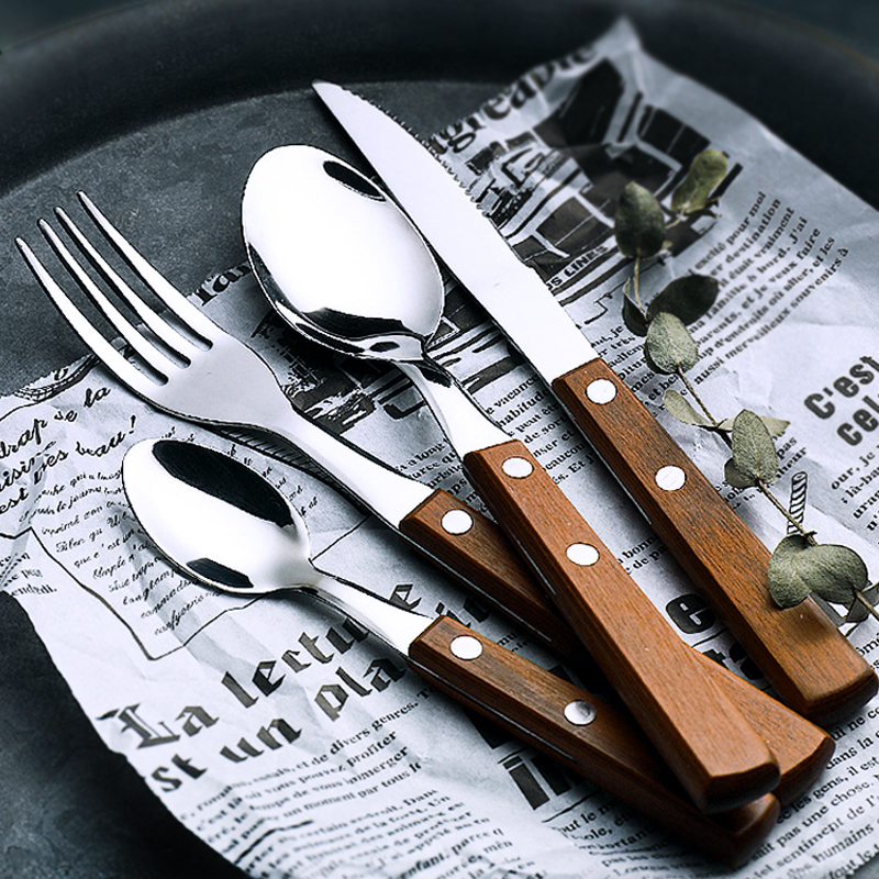 木柄刀叉勺304不锈钢西餐牛排刀叉套装家用铁板烧牛扒刀料理餐具