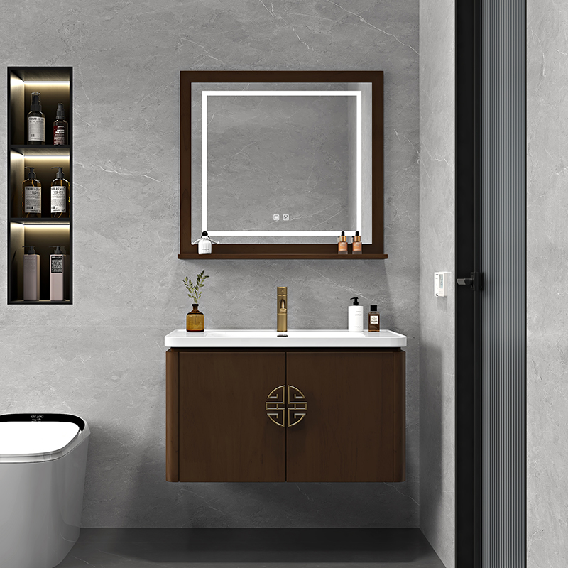新中式实木浴室柜小户型橡木烤漆陶瓷一体洗脸洗手盆挂墙式洗漱台