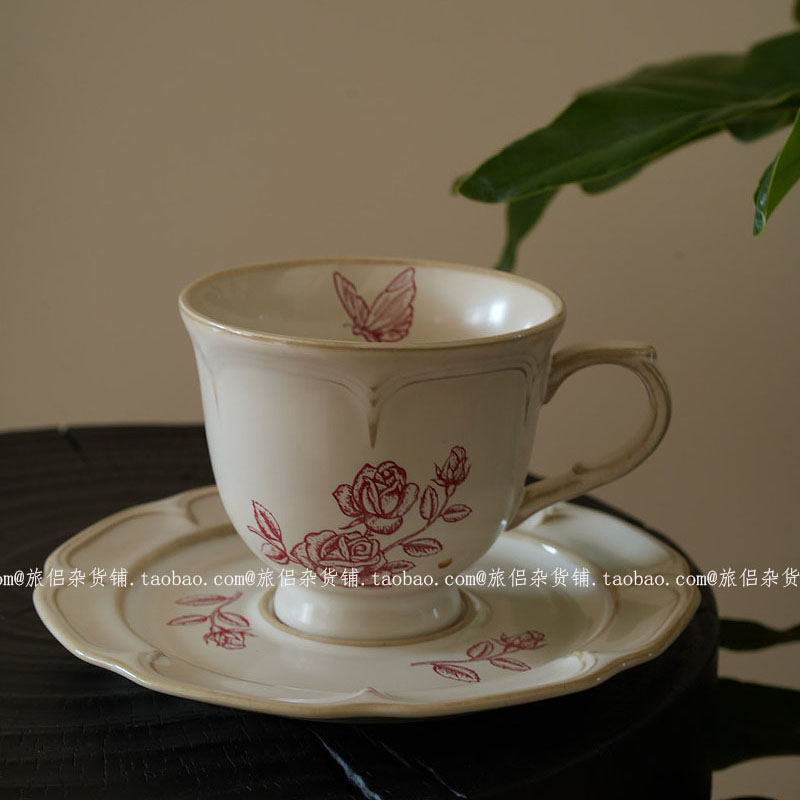 复古釉下彩窑变红玫瑰蝴蝶陶瓷咖啡杯碟拉花杯下午茶礼物中古杯子