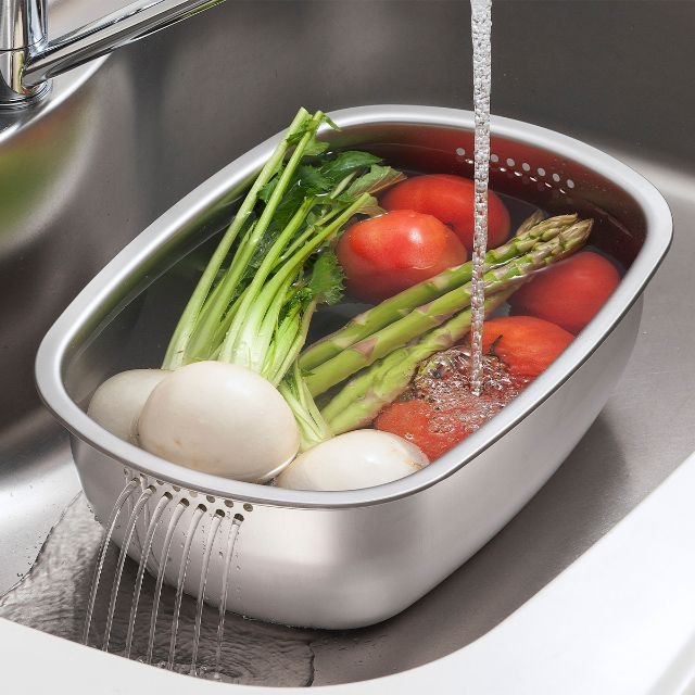 日本进口水槽式大容量长方形不锈钢盆沥水篮洗碗盆水果洗菜篮加厚