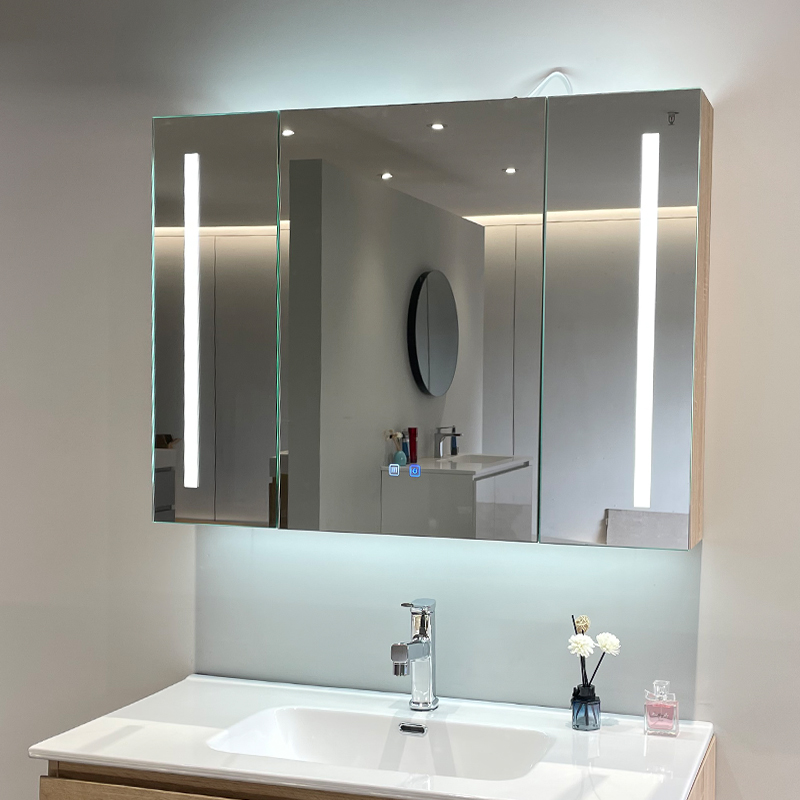 圆形浴室镜实木烤漆镜柜卫生间镜子带置物架挂墙式镜前柜储物柜单