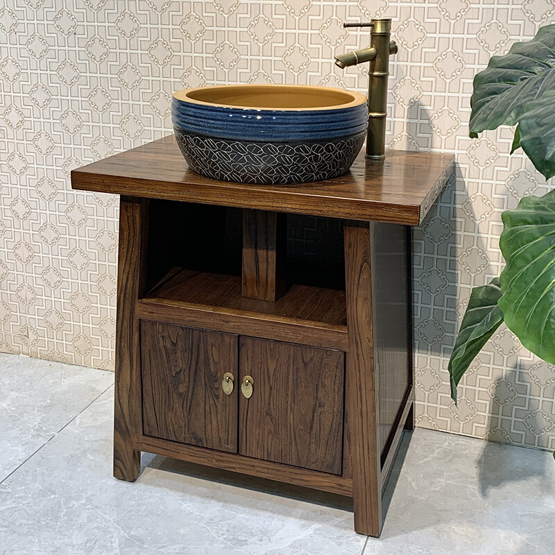 速发8KIJ老榆木中式浴室柜组合实木小户型卫生间落地式复古洗手台