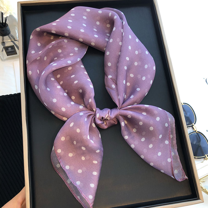 紫色真丝丝巾100%桑蚕丝波点方巾显白时尚高档春夏季护颈妈妈纱巾