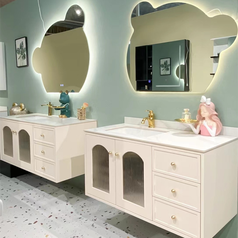 小熊镜浴室柜组合卫生间岩板粉色洗漱台洗脸洗手盆柜套装现代简约
