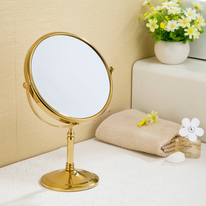 台式化妆镜欧式金色双面梳妆立式结婚公主镜铜放大移动美容镜圆形
