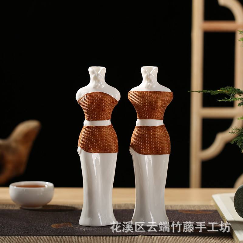 中式创意非遗手工瓷胎竹编工艺竹丝扣瓷茶室摆件花瓶梅瓶茶桌花器