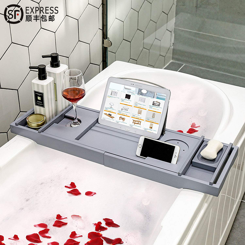 伸缩浴室浴缸架竹制多功能防滑置物架灰色卫生间泡澡桶支架置物板