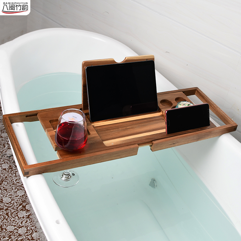 欧式实木浴缸置物架伸缩防滑防霉浴缸架子轻奢木桶浴盆泡澡置物板