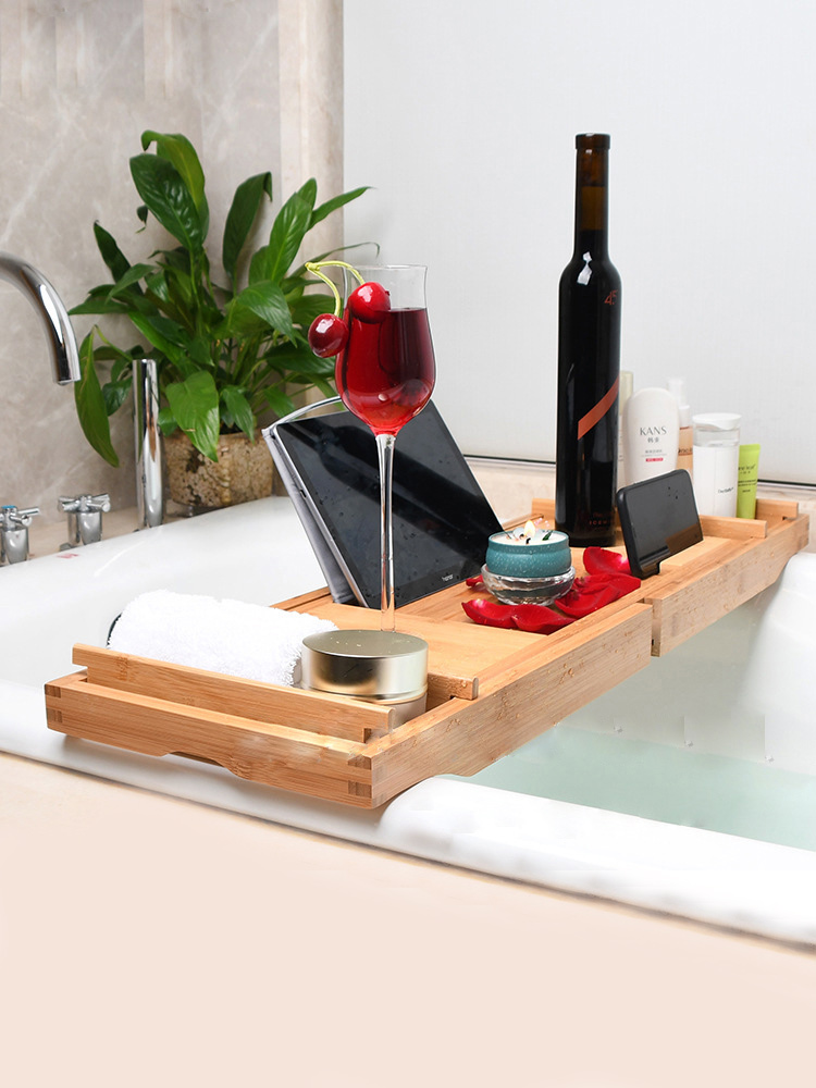 浴缸架竹木欧式伸缩防滑浴缸浴室置物架平板手机架泡澡木桶架