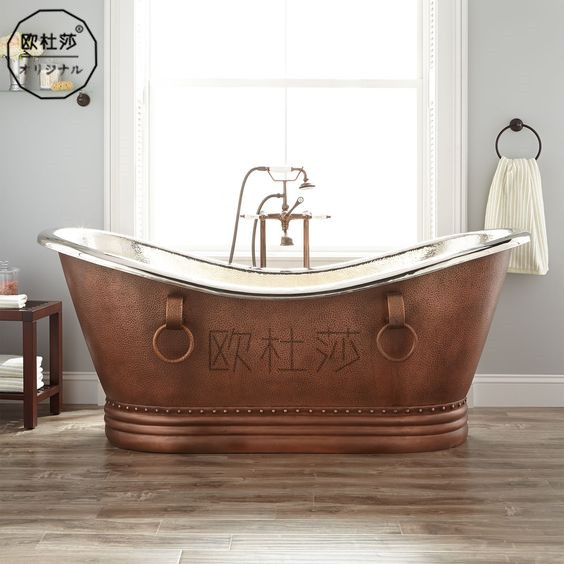 全铜出口浴缸手工捶打紫铜浴缸别墅浴缸独立式浴缸户外浴缸带扶手