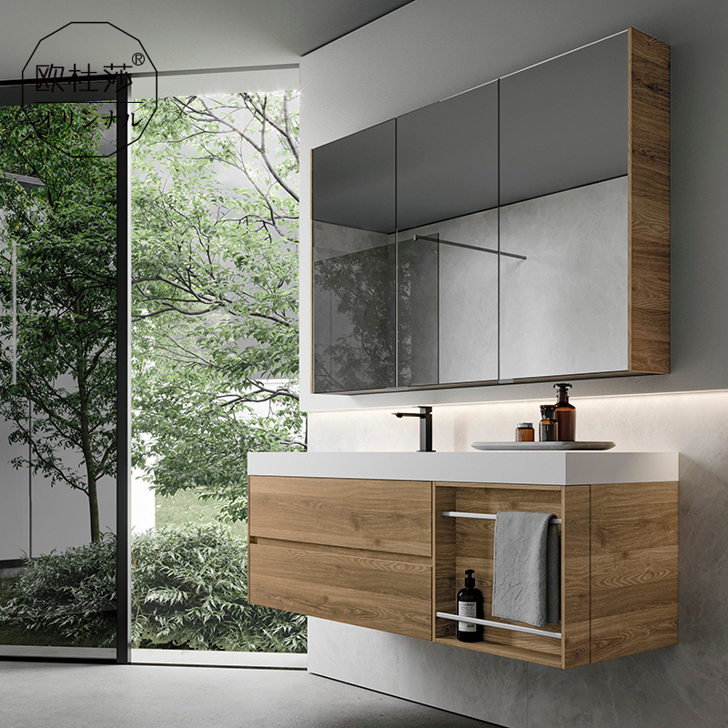 岩板卫浴柜简美挂墙新中式北欧风格实木洗脸盆柜卫生间洗漱台定制