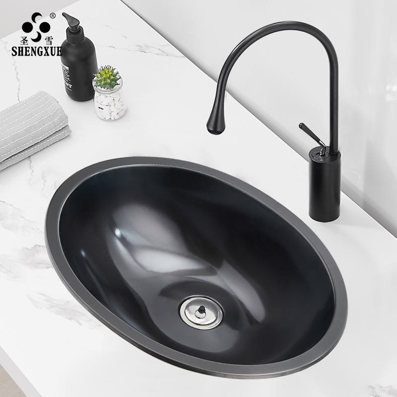 黑色304不锈钢台下盆椭圆形洗手盆嵌入式洗脸盆卫生间阳台洗面盆