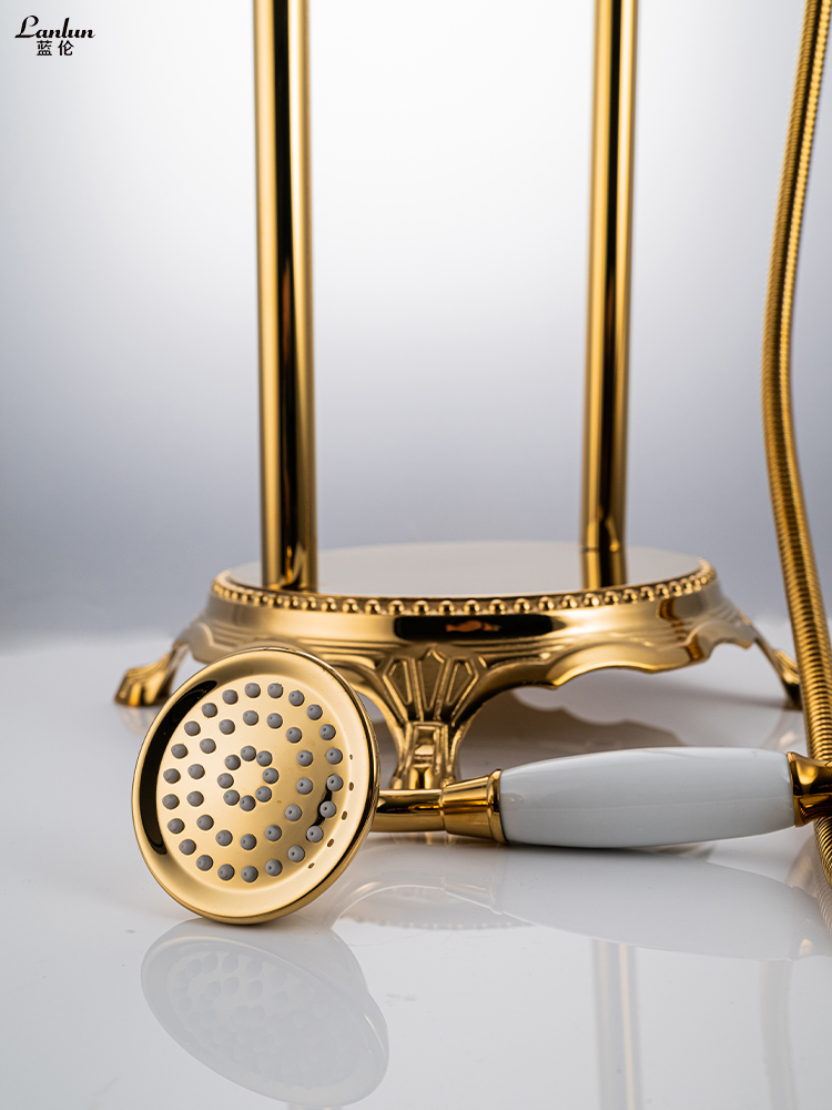 卫浴全铜金色古典落地电镀银色陶瓷手柄电话款浴缸黑色龙头