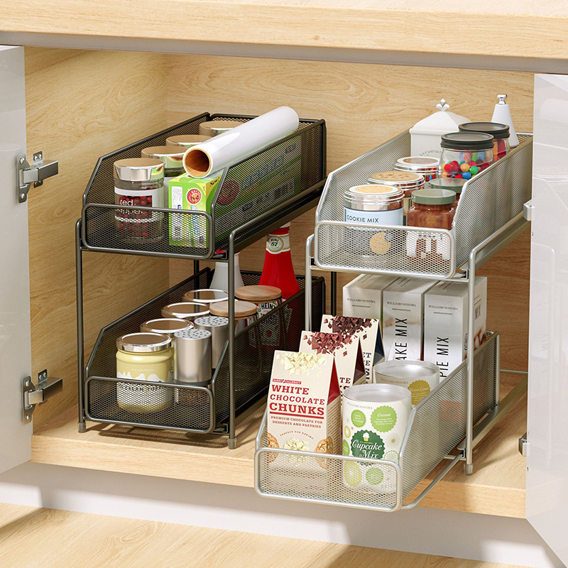 小型厨房夹缝置物架窄双层抽拉式下水槽橱柜内调味料收纳架子金属